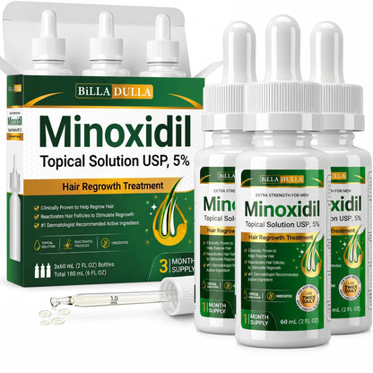 5% Minoxidil Hair Growth Treatment for Men - Extra Strength Topical Solution USP 5 Percent for Hair Loss, Hair Regrowth, Thinning Hair & Receding Hairline - Fast Hair Growth Serum with Dropper Applicator for Beard Growth & Fuller Thick Hair, 3 x 60mL