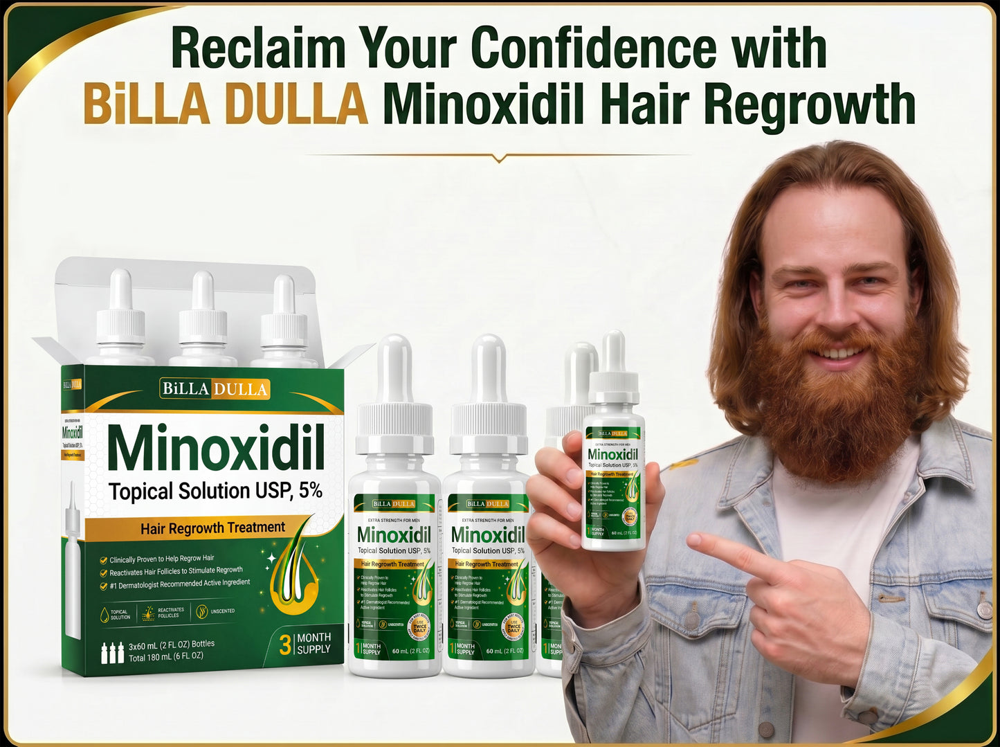5% Minoxidil Hair Growth Treatment for Men - Extra Strength Topical Solution USP 5 Percent for Hair Loss, Hair Regrowth, Thinning Hair & Receding Hairline - Fast Hair Growth Serum with Dropper Applicator for Beard Growth & Fuller Thick Hair, 3 x 60mL